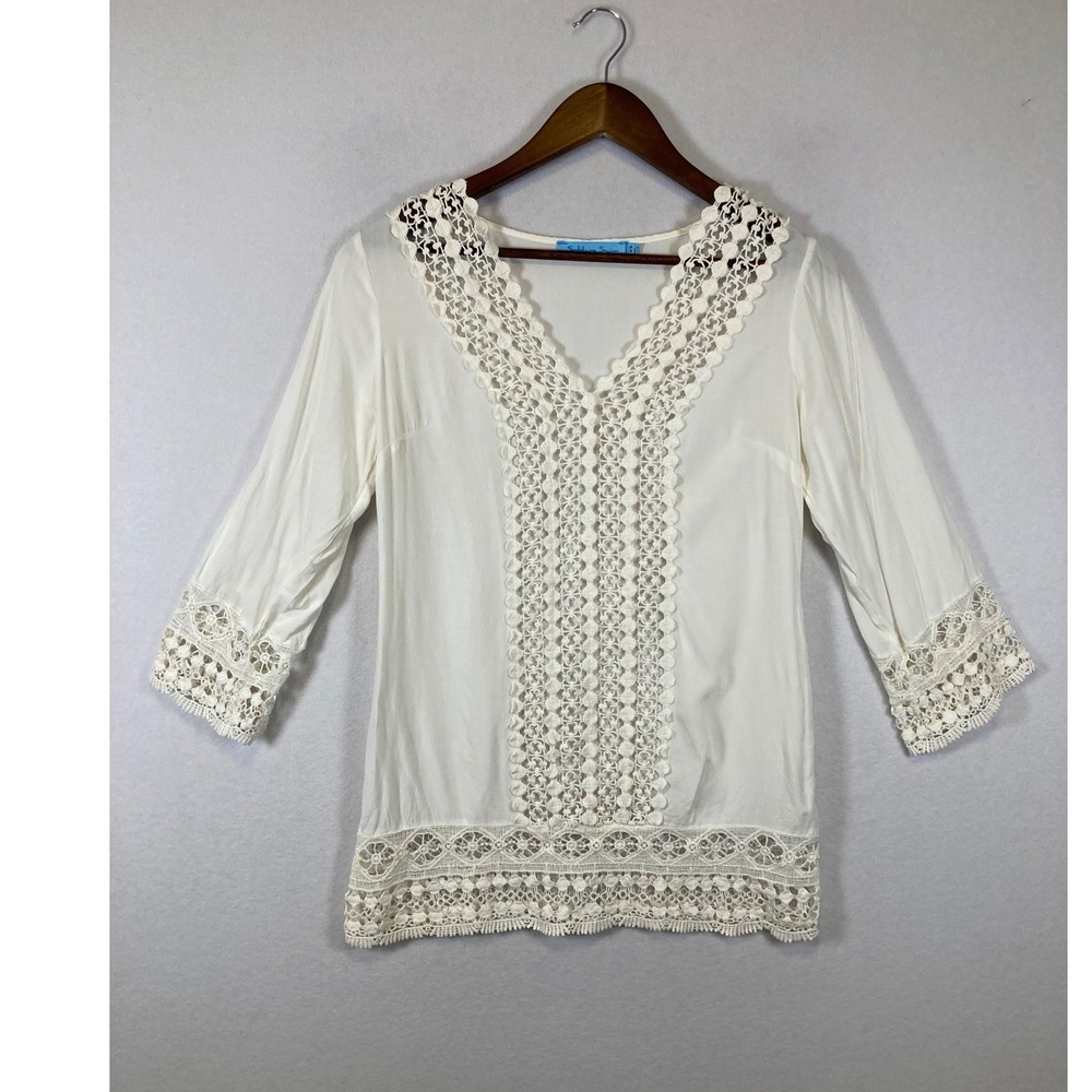 Boho Coastal Solitaire Swim Women XS Ivory Crochet Lace V-Neck‎ Tunic Top 13-341